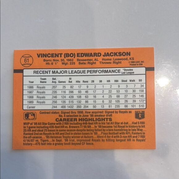 Bo Jackson Donruss 90 Baseball Card donruss error missing . On back mint - Picture 3 of 4